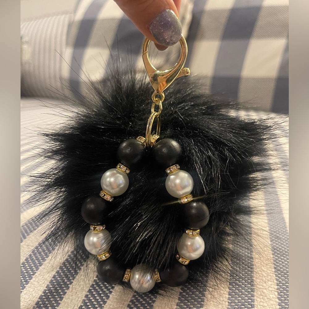 Black Fur Key Holder with Beaded Accent